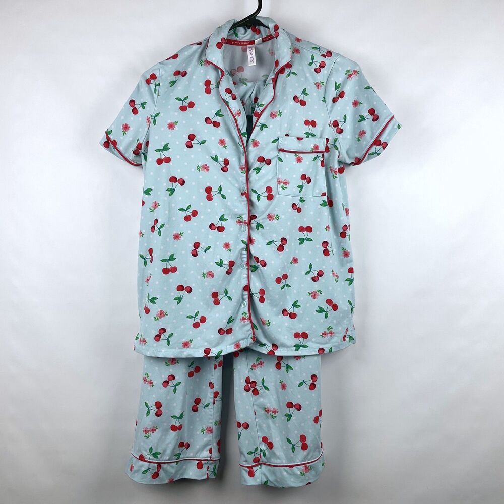 Joyspun Women's Pajama Set XS 0-2 Light Blue Red Cherry Polka Dot Notch Collar